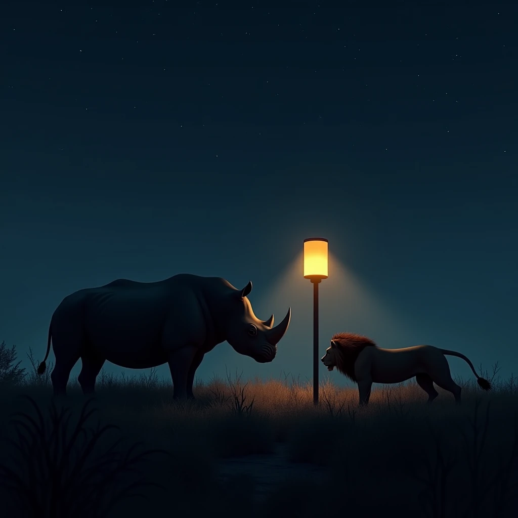 Garden Lights　In the savanna at night１Only the stand is lit　The cylindrical tip shines　Rhino　 lion 　