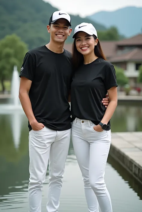 showing a couple of Indonesian lovers aged 25, wearing black t-shirts, white jeans, high couple sports shoes, white faces shining while smiling and posing for the camera,,, both of them are wearing white and black baseball caps, wearing both watches,,,, wi...