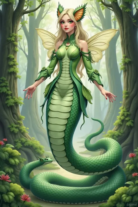 Snakeskin Armor Forest Fairy , Snake Body,  Passionate Reptile Human Female , long hair , goddess
