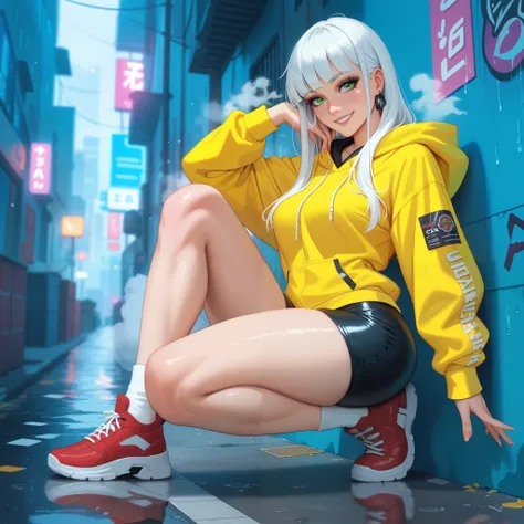 smiling, beautiful expressive green eyes, red sneakers, black tight shorts, cyberpunk setting, city rain, steam, alley, girl, long silky white hair, hoodie, acid yellow hoodie, posing, toned thighs, big boobs, depth of field, blur, very high quality, maste...