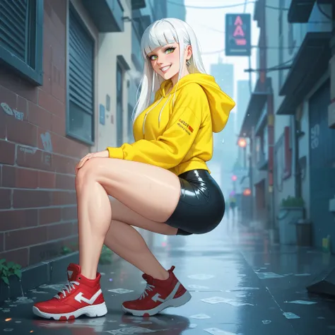 smiling, beautiful expressive green eyes, red sneakers, black tight shorts, cyberpunk setting, city rain, steam, alley, girl, long silky white hair, hoodie, acid yellow hoodie, posing, toned thighs, big boobs, depth of field, blur, very high quality, maste...