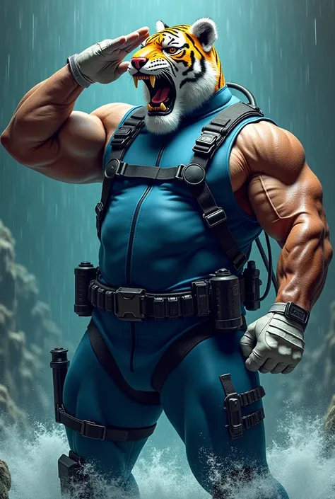 (A rugged beefy extremely muscular bulky old man), (wearing blue fully-zipped fullbody wetsuit), (wearing realistic roaring tiger mask), flexing his arms, saluting, wearing bulky harness, wearing bulky scuba gear, muscular physique, toned muscles, fierce, ...