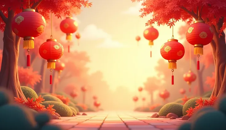 chinese new years background wih lampions and trees in 3d cartoon models