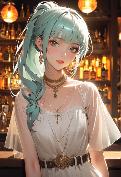 Her character features a woman with long, shiny, light blue hair tied in a high ponytail, with bangs. Her face is defined, her lips are seductive, with dark green eyes, a sharp gaze that shines with subtle transparent orange makeup around them. She wears a...