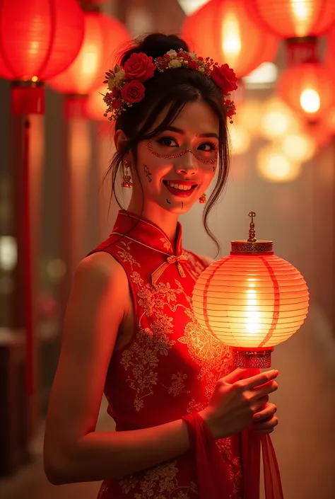 Hyper-artistic full-body backlight photography of a smiling young japanese woman with sugar skull face paint, brunette hair with bun hairstyle, dressed in a traditional sleeveless sexy red cheongsam with intricate gold embroidery. She is elegantly holding ...