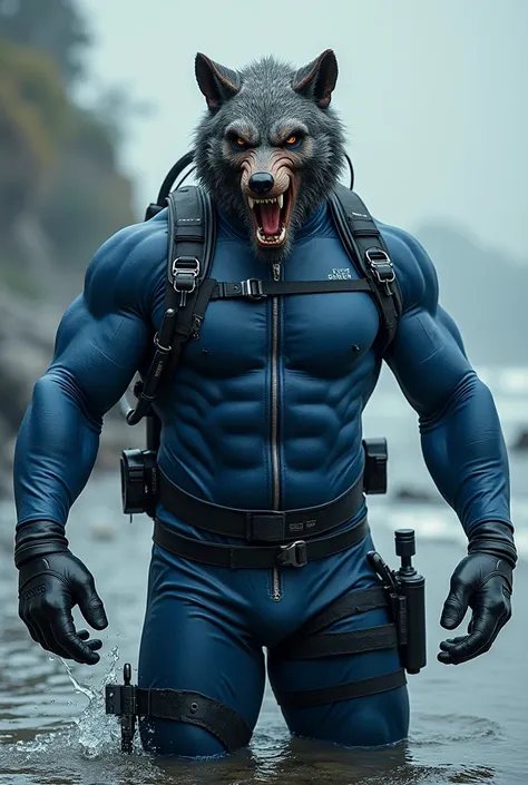 (A rugged beefy extremely muscular bulky old man), (wearing blue fully-zipped fullbody wetsuit), (wearing realistic roaring wolf mask), flexing his arms,  wearing bulky scuba gear, muscular physique, toned muscles, fierce, heroic, action, comic artstyle, b...