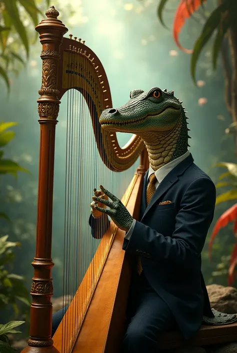 Crocodile lawyer playing harp