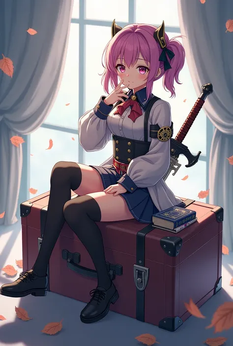 anime girl sitting on a suitcase with a sword and a book, from girls frontline, from arknights, fine details. girls frontline, hanayamata, from the azur lane videogame, girls frontline style, girls frontline universe, azur lane style, girls frontline cg, a...