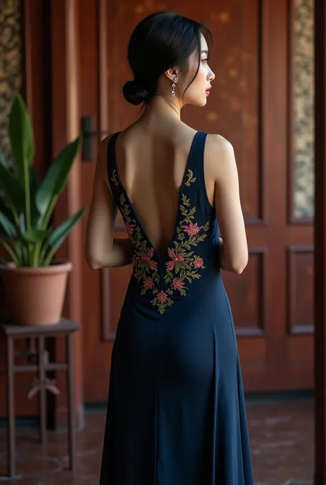 RAW photo, (Random shot, full body in frame, Side view focus, Dutch Angle), ((Asian adult female, one-person, Back of head) (traditional Chinese dress, one-piece, dark navy, long length, elegant, embroidered, decoration, fascinating,) random posing, stylis...