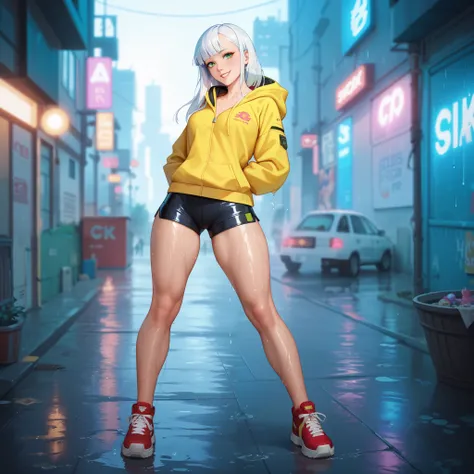 bottom, standing, hands behind back, chest forward, legs spread wide, smiling, beautiful expressive green eyes, red sneakers, wet skin, black tight shorts, cyberpunk setting, city rain, steam, alley, girl, long silky white hair, hoodie, acid yellow hoodie,...