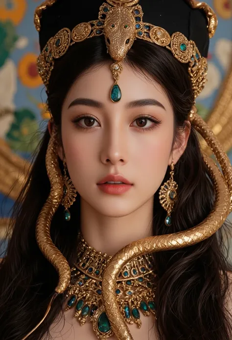 Cleopatra with a snake on her head and around her neck ! bright , colorful very detailed portrait.  An unforgettable picture of the highest quality !