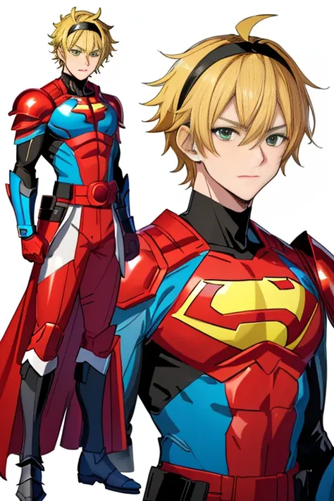 
(Best quality), (Best quality), (Best quality), (Full viewHandsome and cool boy wearing latex superhero, ager, tall, long hair, beautiful skin,1boy,yamanbagiri kunihiro, blonde hair, green eyes, short hair, japanese armor, blonde hair, headband,man