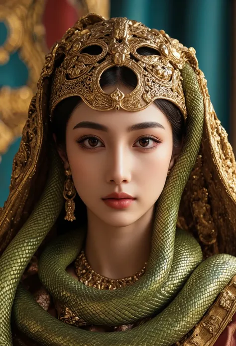 Cleopatra with a huge green snake on her head and around her neck ! bright , colorful very detailed portrait.  An unforgettable picture of the highest quality !