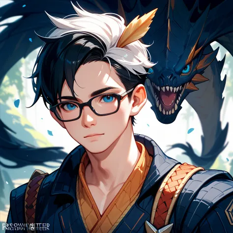  Masterpieces,   of the best quality , Pixie, Cool young , 1 male 27 years old, With blue eyes ,Black hair white hair highlight,Have a six-pack, wearing black glasses,  makes better , Hunter, ((monster hunter)),