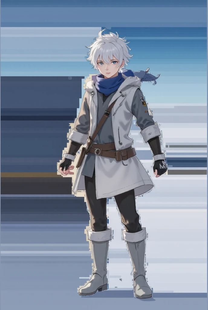 Physical appearance:
Hair:
Color: Pure white, like freshly fallen snow, with no traces of pigmentation.
Style: Short and unkempt, with streaks that fall over his forehead and eyes.

Texture: Slightly rough, as if he were always exposed to the cold mountain...