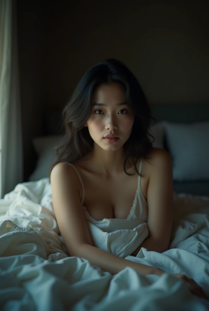 1girl, asian woman, laying on bed, seductive gaze, cinematic lighting