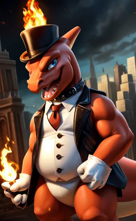 Solo, Male, close up, fat, extremely obese, steampunk, gentleman, dapper Charmeleon, tilting head down, blue eyes, wearing a big leather collar around his neck, (soft shading), 4k, hi res, ((detailed face, detailed)), looking at viewer, evil grin, collared...