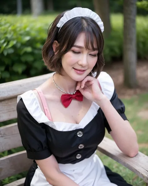 Cinematic Photo of ((best quality, 8k,)) a woman in a maid outfit sitting on a bench, breasts, blush, smile, short hair, bangs, large breasts, black hair, dress, bow, animal ears, closed eyes, short sleeves, outdoors, parted lips, day, puffy sleeves, bowti...