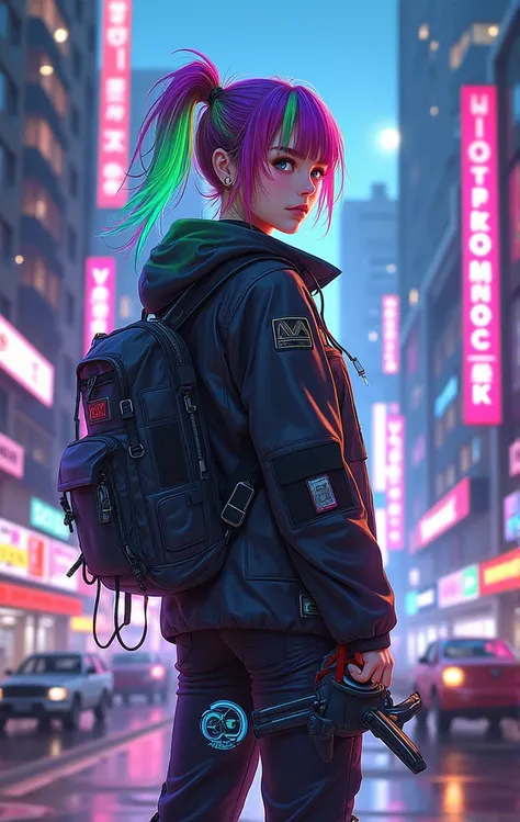 anime, 1girl, , cyberpunk fashion, hair style Braid rainbow color, with drone and backpack