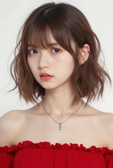 Beautiful Japanese woman 、、 She is wearing a red off-the-shoulder dress、Red eyeshadow 、 、 Semi-long hairstyle、wavy hair 、   Light Brown Hair、 ear piercing、  Empty Expressions 、 necklace、 white background、
