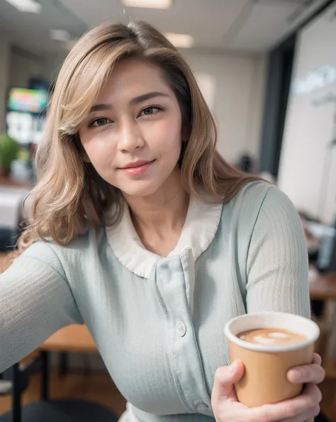 Cinematic Photo of ((best quality, 8k,)) a woman holding  coffee in an office, long hair, smile, blonde hair, cup