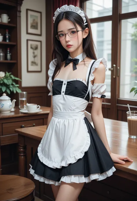 (( best quality))、(( skinny、Skinny ass、Thin legs、Skinny ass:1.2))、( adult woman 1.5)、Glasses、 Black Straight Long Hair、((flat chest))、 Erect Nipples、(( Maid Outfit with Breasts Exposed ))、(( worried expression))、Sweet and Attractive Innocent Blush 、 cute f...