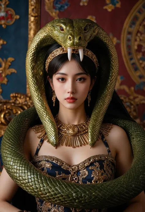  Cleopatra with a huge green Cobra on her head and around her neck ! A cobra with a forked tongue and loose gills  . bright , colorful very detailed portrait.  An unforgettable picture of the highest quality !