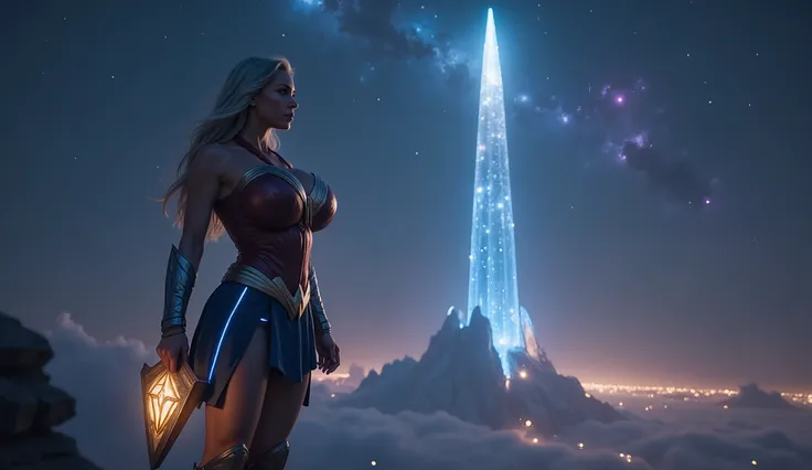 Wonder Woman stands solemnly at the pinnacle of a towering crystal spire, her figure silhouetted against the dark sky. The crystal tower is glowing with faint blue and purple hues, reflecting the light of the distant, shattered galaxy that stretches across...