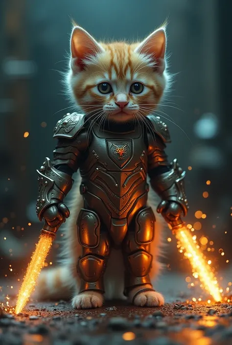 Video of a cute kitten that receives a chemical bath and transforms into a super cat with tight armor with details in reading and flaming swords in the hands