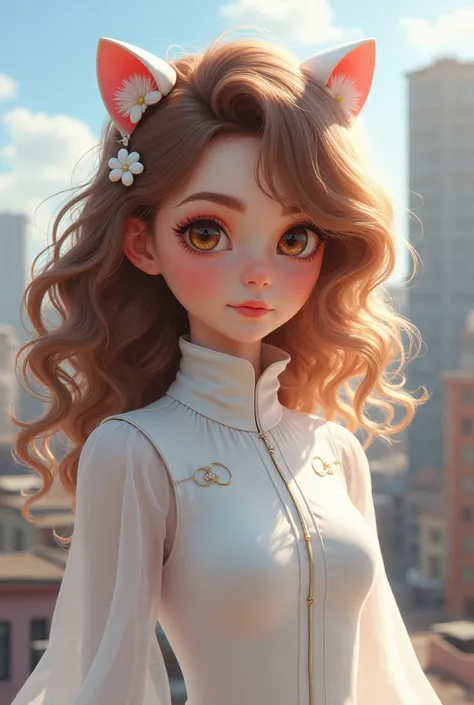 Create a Miraculous Ladybug character with 3A curls, long light brown hair, hazel eyes, with a costume like Chatnoir's but in white. 