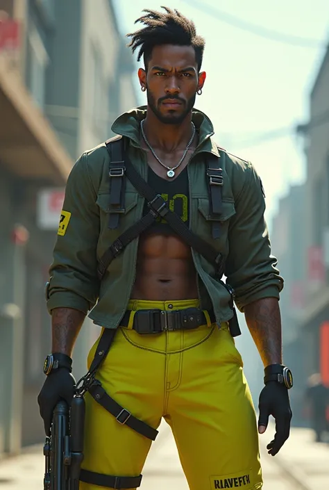  I want an image of a character from Free Fire with lime pants and a chest strap from the first step, Make it a square and very creative photo for a social media profile picture 