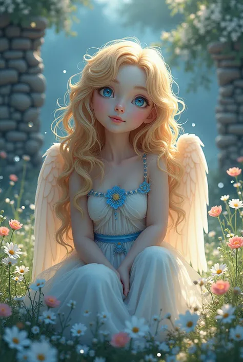  very long hair , golden hair,  curly hair,  round face, loving, Gentle eyes,  light blue eyes, more beautiful, curved mouth , Smiling, angel wings,  white dress with blue . Flowers, Wiese mit bunten Flowers,  wall of bright stones , tree with white flower...