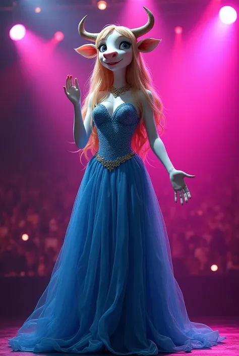 Create a realistic style cow, with human body, wearing a long and flamboyant blue dress,  with long blonde hair and blue eyes,  make her sing on a stage with pink lights