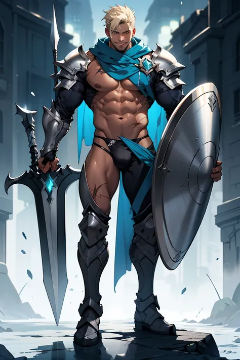 mystic knight, man, well toned muscular body detailed, tan, scars, diamond armor adorned polished shiny,polished translucent matalic thong, huge bulge very nice detailed outlined, holding, shield spear, cheerful expression, , heroic proportions, vibrant co...