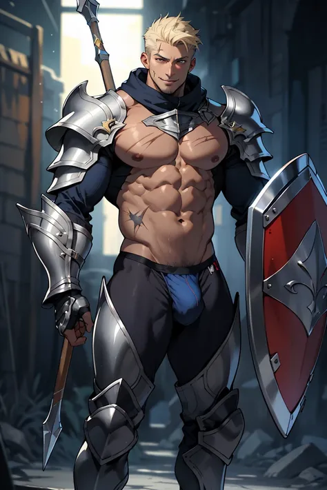 mystic knight, man, well toned muscular body detailed, tan, scars, diamond armor adorned polished shiny,polished translucent matalic thong, huge bulge very nice detailed outlined, holding, shield spear, cheerful expression, , heroic proportions, vibrant co...