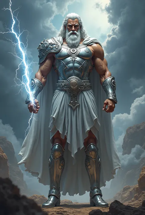 Zues holds a lightning, skinny, silver armor, shoes, beautiful beard