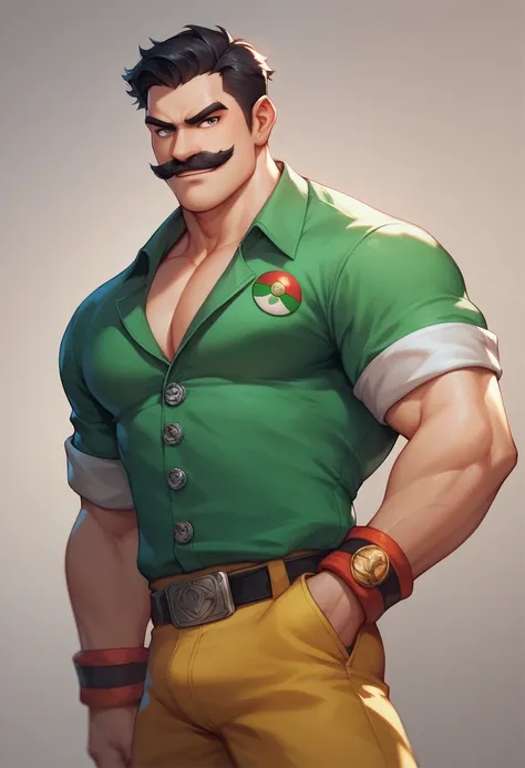 Italian man, plumber and kung-fu fighter, robust physique, black hair, mustache, 8k high definition