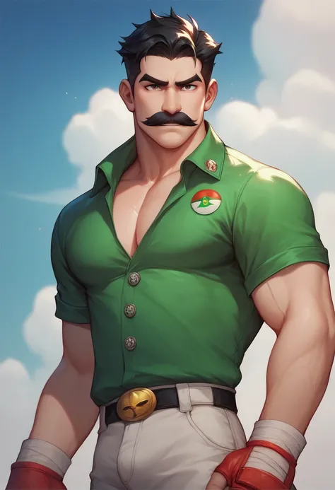 Italian man, plumber and kung-fu fighter, robust physique, black hair, mustache, 8k high definition