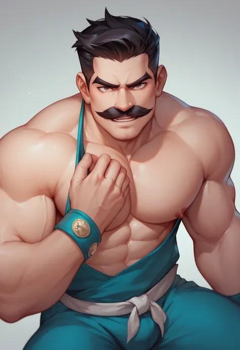 Italian man, plumber and kung-fu fighter, robust physique, black hair, mustache, 8k high definition