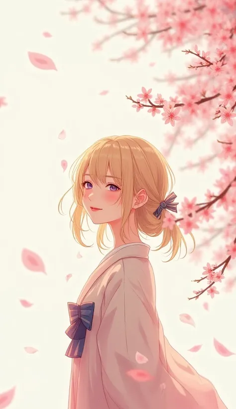 Japanese style,  high resolution, cherry blossoms, blushing ,  happy/joy, Awkward,  simple background, Concentrated line, Blonde, solo, 