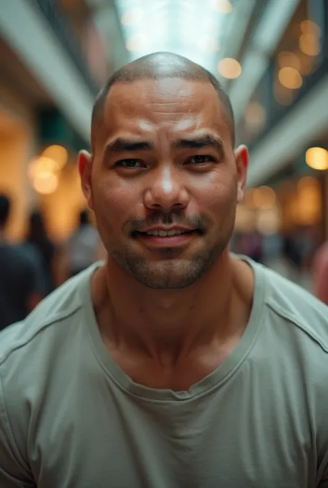  Character Portrait，A strong Asian bear bald young macho，American-style inch ，Round Face，Lips up， face close-up，The background is a shopping mall，Wearing a shirt，