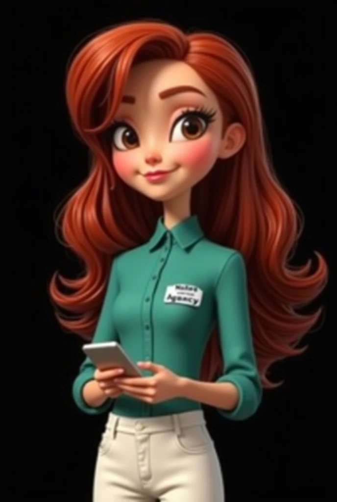 Pixar girl with deep red hair, long eyelashes, light eyes with a standard figure, wearing a personalized teal blouse that says Nailet Agency, wearing white pants, a black background and holding a phone in her hand.