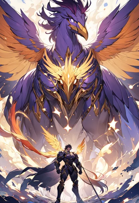 Knight, pegasus and phoenix, full of cosmos, dark purple hair, strong physique, 8k high definition