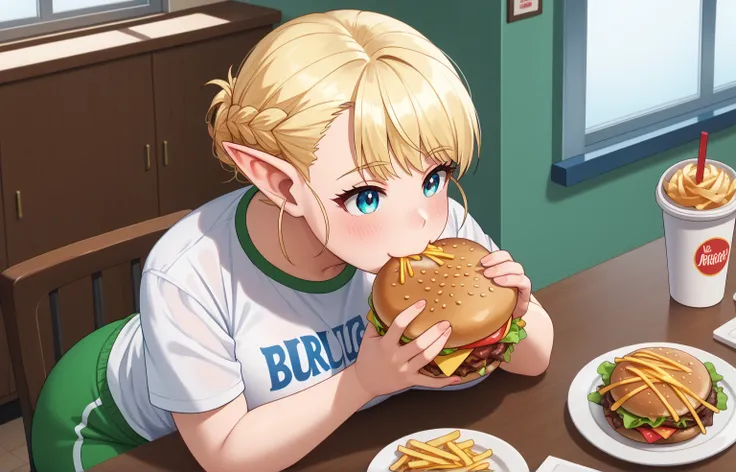 elfuda_wz, young girl, blonde hair, elf, blue eyes, short pointy ears, super huge breasts, big boobs, burger in mounth, a burger in the mounth, eating a burger, white shirt, t-shirt, short sleeves, track pants, green pants, (plump), thick arms, thick thigh...