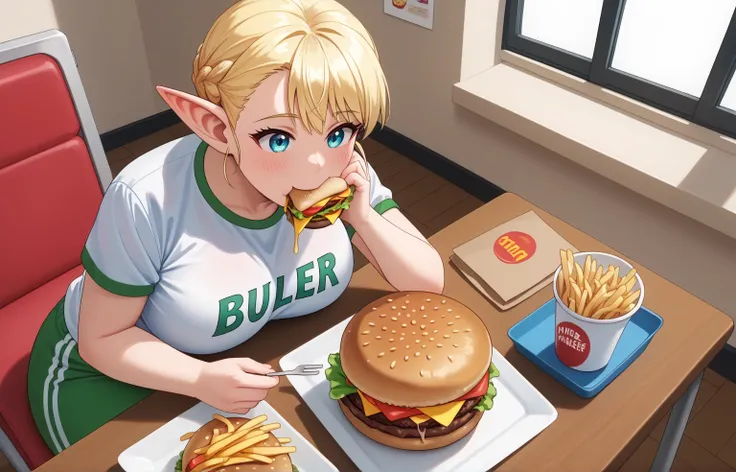 elfuda_wz, young girl, blonde hair, elf, blue eyes, short pointy ears, super huge breasts, big boobs, burger in mounth, a burger in the mounth, eating a burger, white shirt, t-shirt, short sleeves, track pants, green pants, (plump), thick arms, thick thigh...