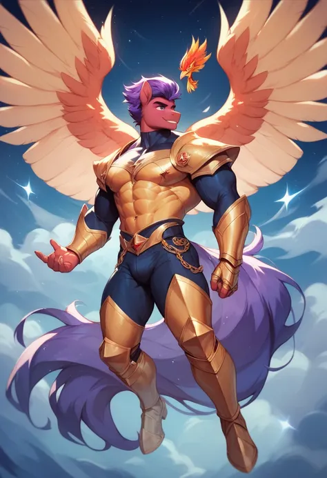 Knight, pegasus and phoenix, full of cosmos, dark purple hair, strong physique, 8k high definition