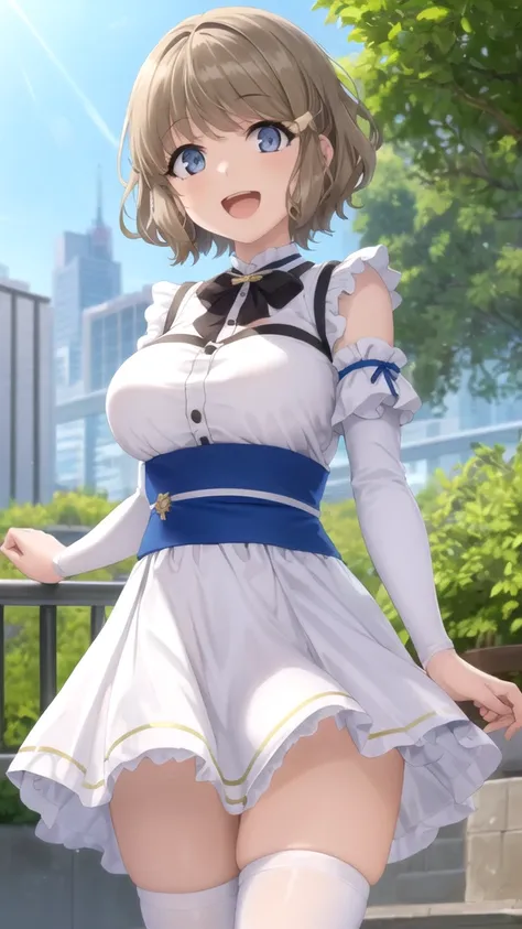 Masterpieces, Best Quality, girl, looking at viewer, tomoekoga, tomoe koga, short hair, brown hair, blue eyes, hair clip, large breasts, white dress, detached sleeves, blue thighhighs, standing, cowboy shot, outdoors, smile, open mouth