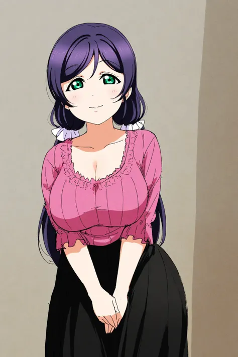 ,(sharp sketch:1),(1girl:1),tojo nozomi, love live!,(beautiful detailed face:1.1),green eyes,(curvy:1.1),cleavage,knit blouse,long skirt,standing