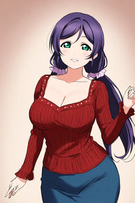 ,(sharp sketch:1),(1girl:1),tojo nozomi, love live!,(beautiful detailed face:1.1),green eyes,(curvy:1.1),cleavage,knit blouse,long skirt,standing