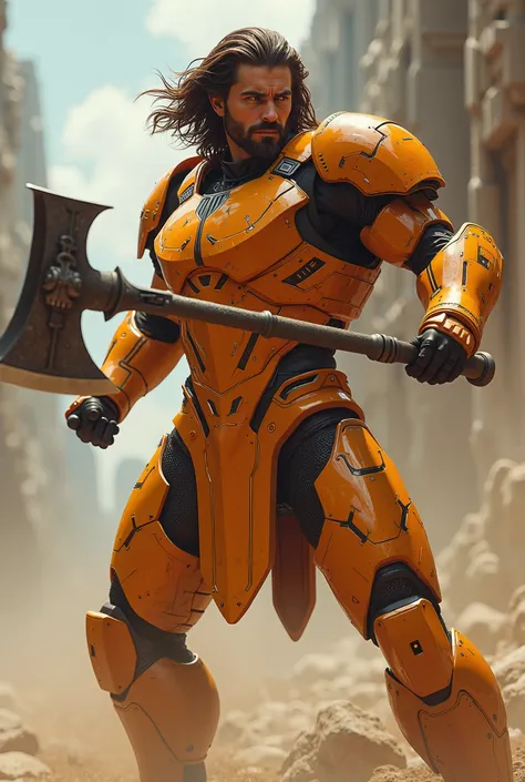 realistic photo of futuristic APOLLO wearing orange futuristic armor,  perfectly detailed face , Brown hair , full body, jumping into attack position with his giant axe in his hand 